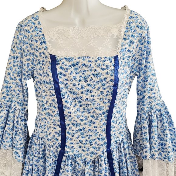 Prairie Cottage Core Maxi Dress Blue & White Floral Poet Sleeve Women's Med - Picture 2 of 11